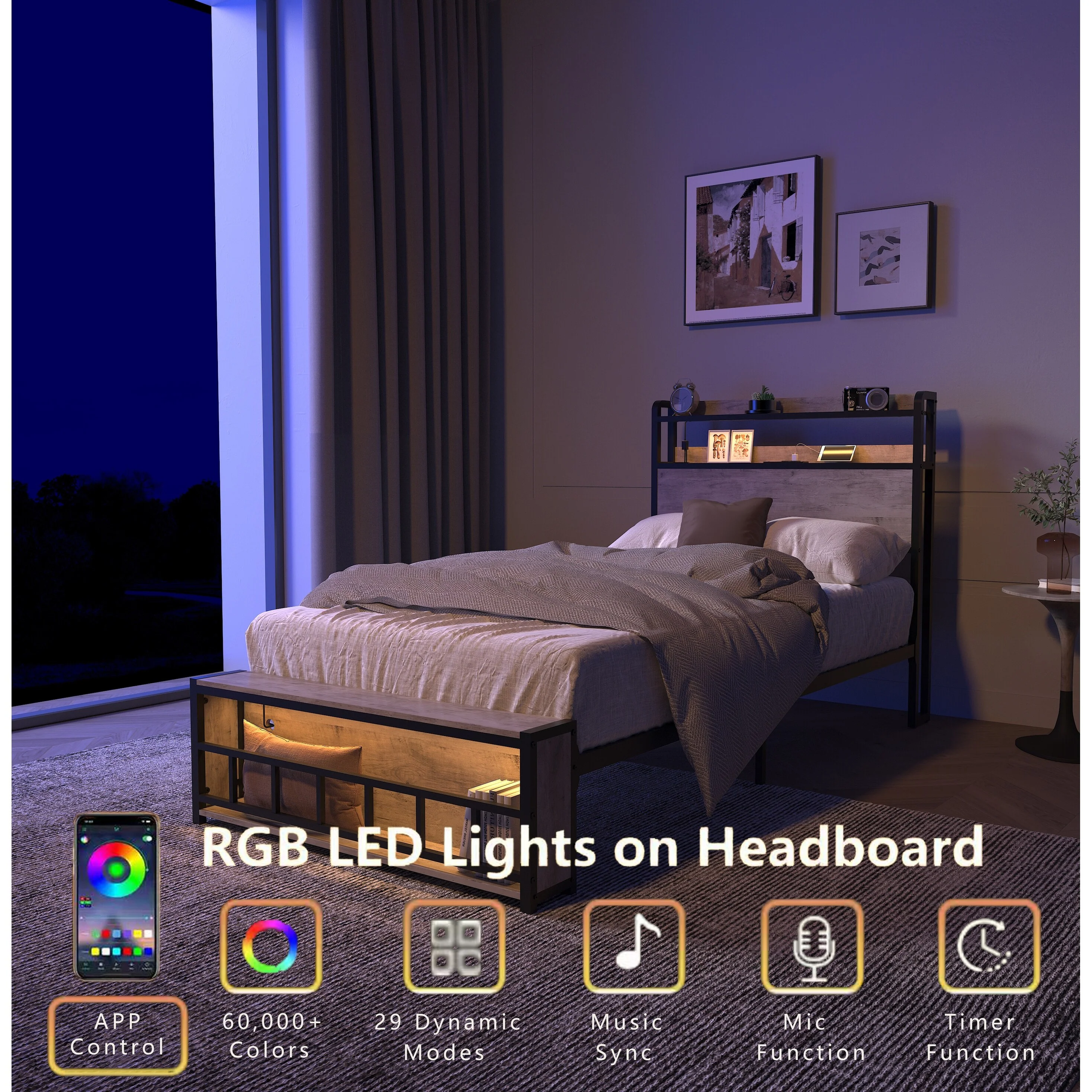 Twin Bed Frames, Headboard and Charging Station & LED Light for Bedroom, Solid and Stable, Noise Free, No Box Spring Needed