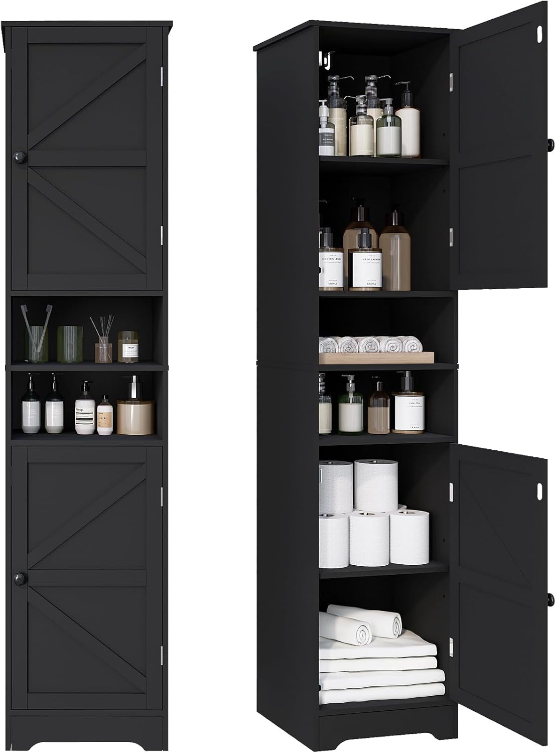 Viaozutis Tall Bathroom Storage Cabinet, Vertical Freestanding Organizer with Adjustable Shelf, Slim Design for Small Bathrooms, Towels & Toiletries Storage Black