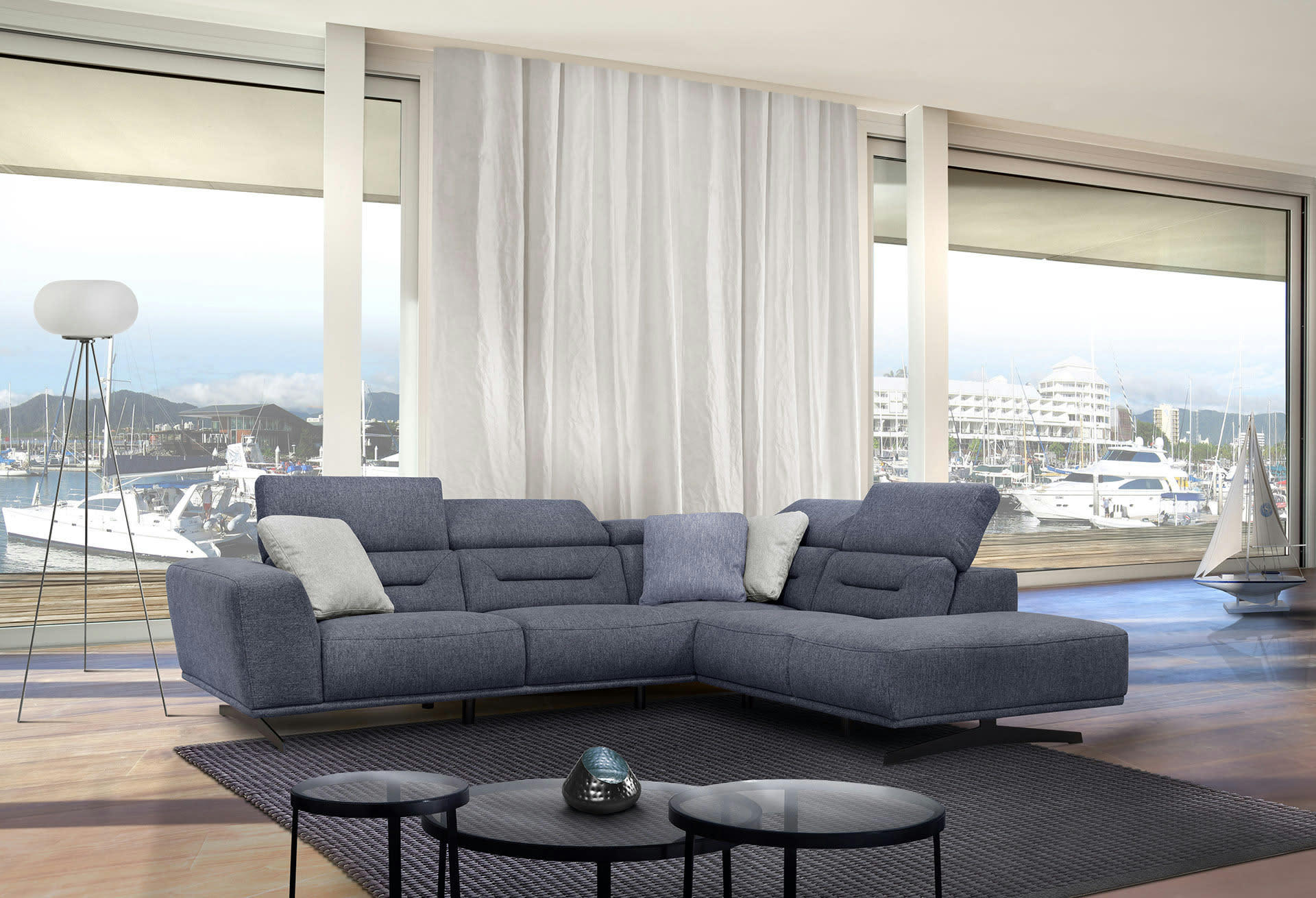 LUCANO - Canapé d'angle droit 5 places tissu bleu foncé