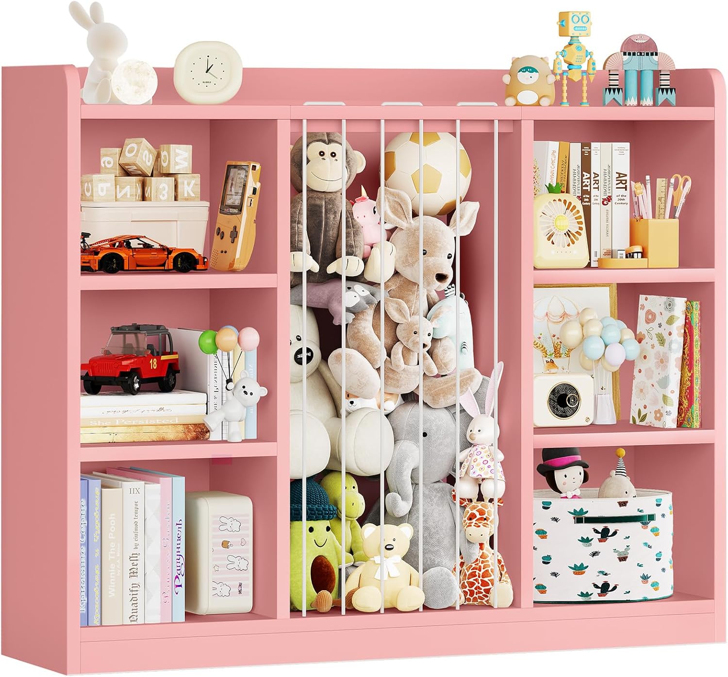 Toddler Stuffed Animal Zoo, Toy Storage Organizer for Playroom, Plush Toy Organizers and Storage, Book Shelf for Kids Rooms, Elastic Band Child Bookcase, Toy Shelf with 8 Storage Cubbies (Pink)