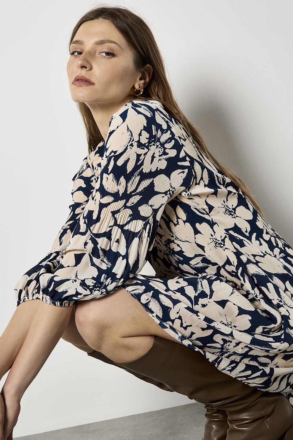 Apricot Silhouette Floral Chiffon Plisse Mini Dress