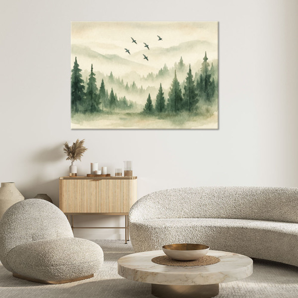 Feeby Obraz do salonu, Las Góry Ptaki Akwarela Zieleń Natura 60x40