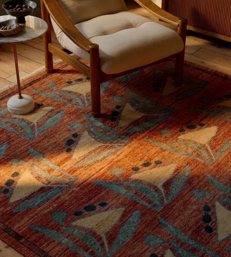 Turkish Oushak Wool Rug 8x10, Hand Knotted, Geometric & Floral Pattern, Rustic Orange.