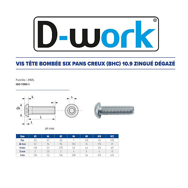 100 Vis Métaux Tête Bombée 6 Pans Creux F/Total BHC 8 x 20 mm - 7380-1 - 10.9 - Zingué blanc - D-Work