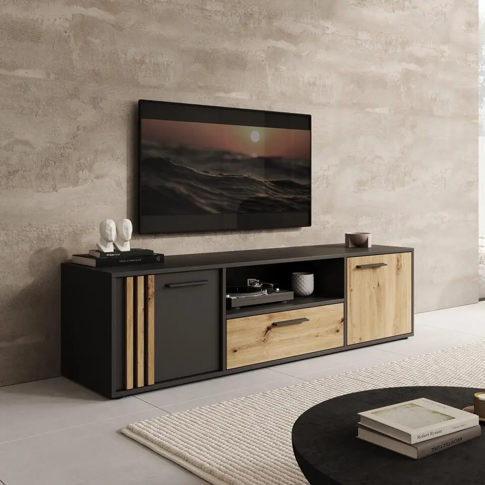 Meubella - Clover - TV-Meubel - Eiken/Zwart - 163x42x44 cm