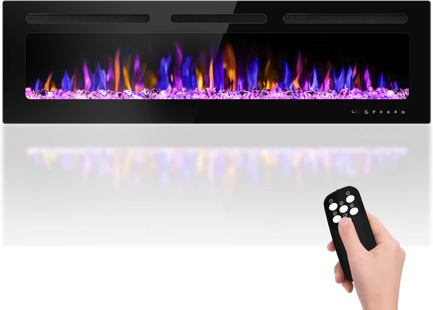 60 Electric Fireplace Wall Mounted and Recessed with Remote Control, 750/1500W Ultra-Thin Wall Fireplace Heater W/Timer Adjustable Flame Color and Brightness, Log Set & Crystal Options