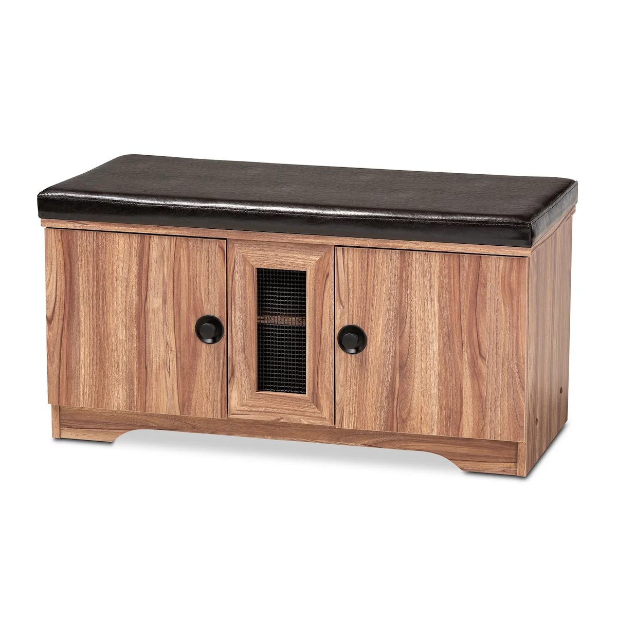 Valina Modern and Contemporary Dark Brown Faux Leather Upholstered 2-Door Wood Shoe Storage Bench