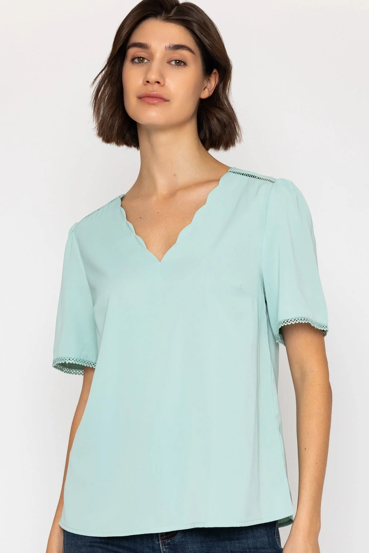 Mint Short Sleeved Top with Scallop Neck