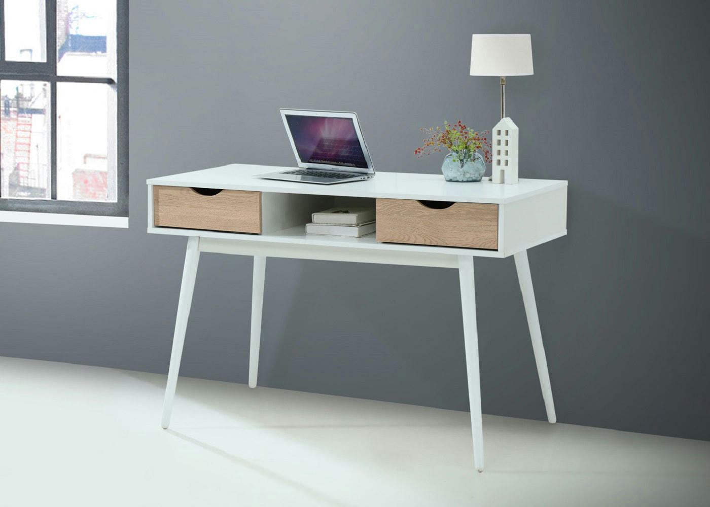 SCANDI - Bureau 2 tiroirs en MDF blanc et chêne