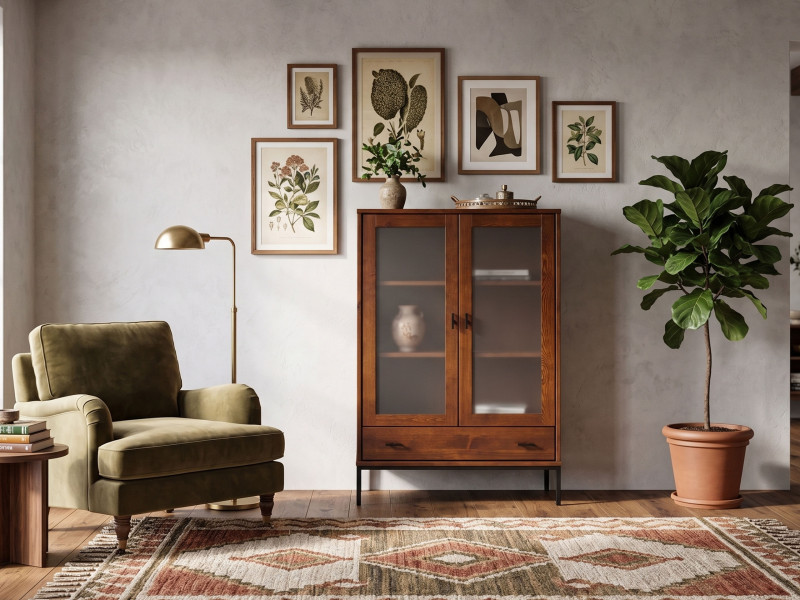 Witryna Sirio loft drewno i metal, kolor kasztan, szkło mleczne
