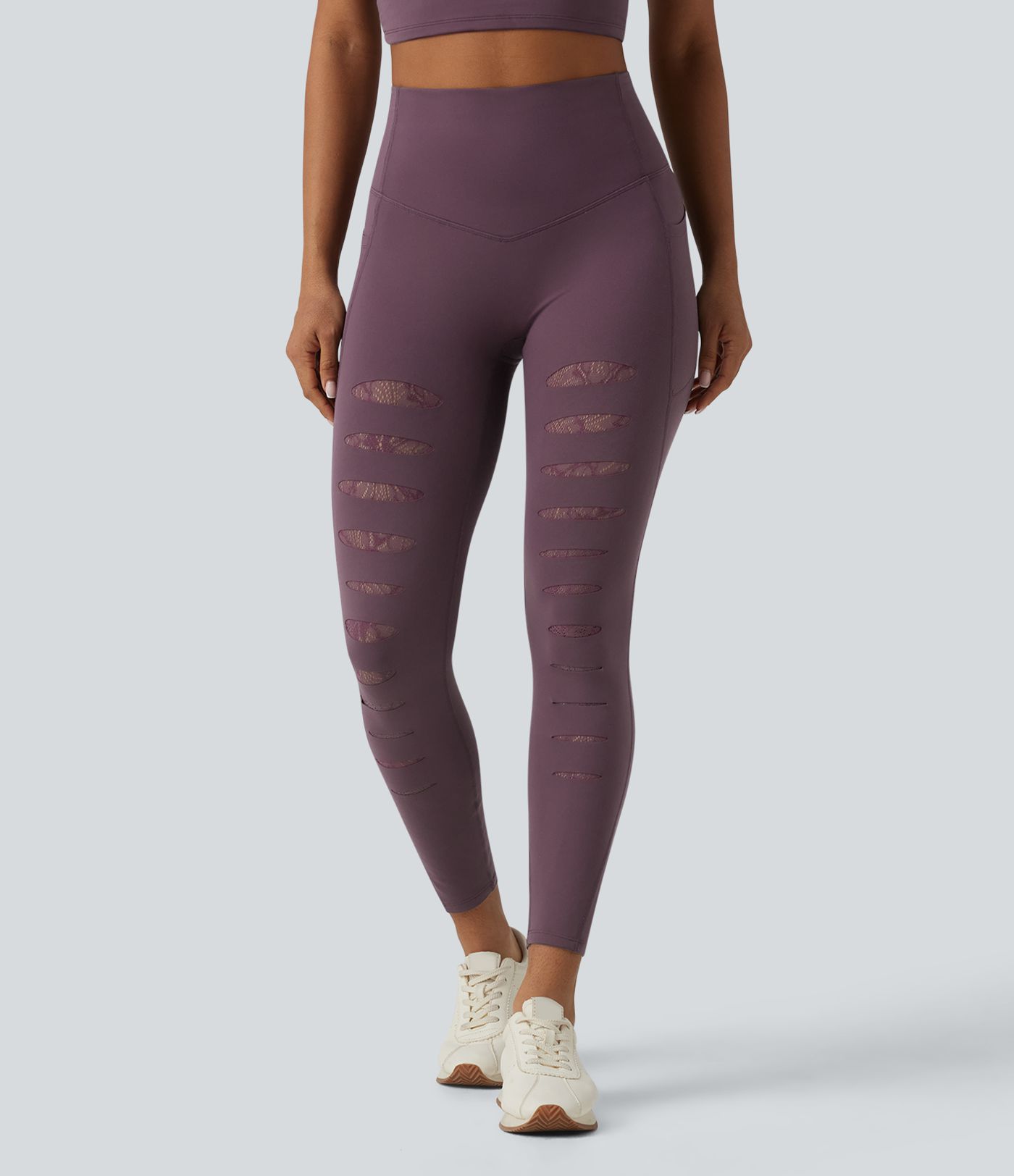 Legging de sport SoftlyZero™ taille haute avec empiècements en dentelle contrastée et poches – UPF 50
