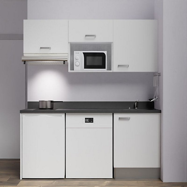 Kitchenette K55 - 180 cm - façades Blanc - Plan monobloc en quartz coloris Nero évier à droite
