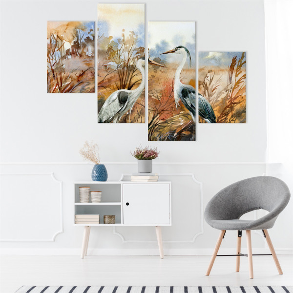 Obraz 4-Częściowy PTAKI Rośliny Akwarela 80x50cm