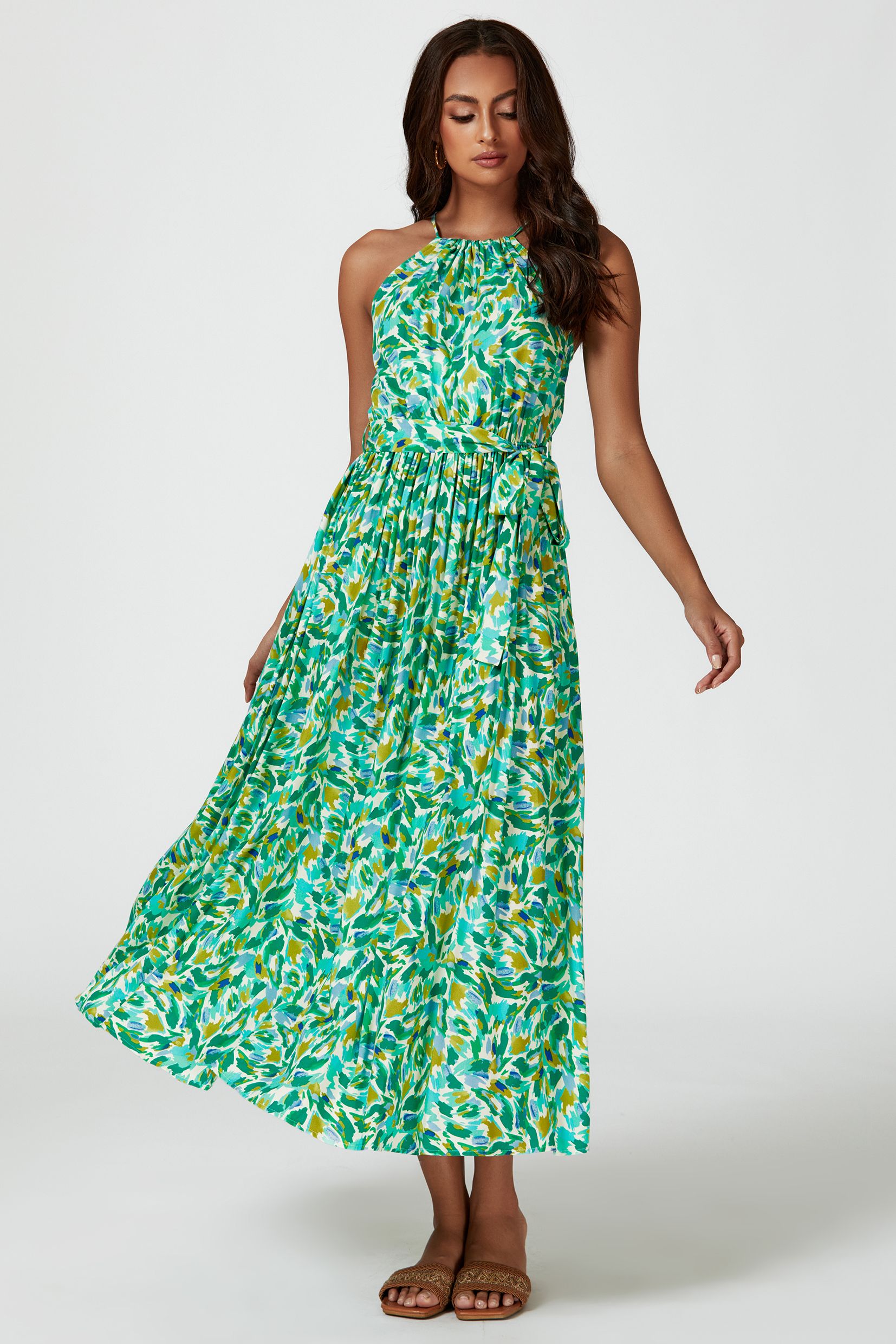 FS Collection Abstract Print Tie Halterneck Maxi Dress In Green