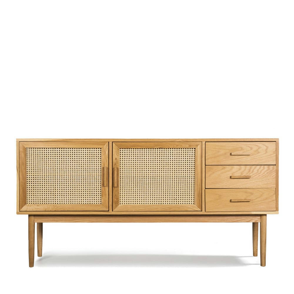 HOGARN - Buffet design 2 portes 3 tiroirs bois et cannage L170cm bois clair