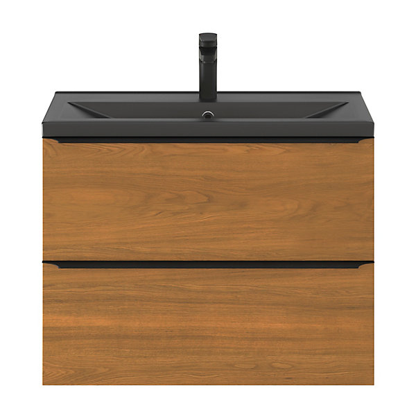 Meuble vasque suspendu faible profondeur effet noyer l.80 cm Imandra   plan vasque noir céramique, Nira GoodHome