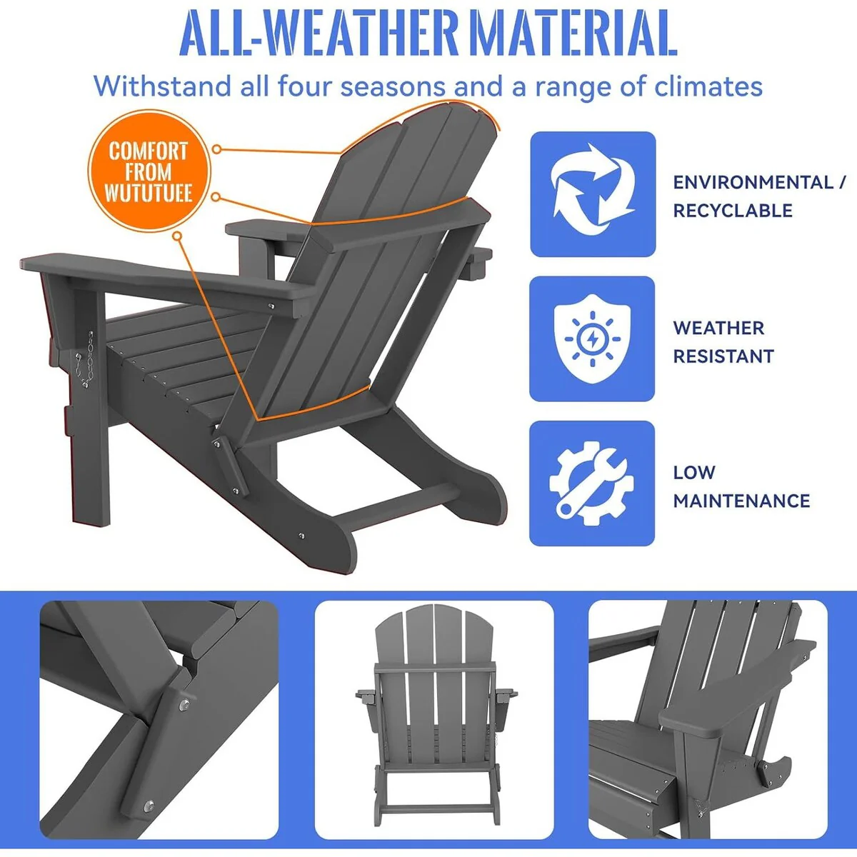 Folding Adirondack Chair, Relaxing Stackable Arm Rest Ergonomic HDPE All-Weather Adirondack Chair