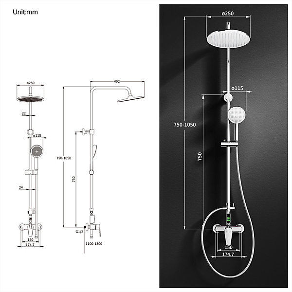 Homelody Colonne de Douche avec Affichage LED Température Mitigeur Mécanique, Douchette 3 Jets, Hauteur Réglable