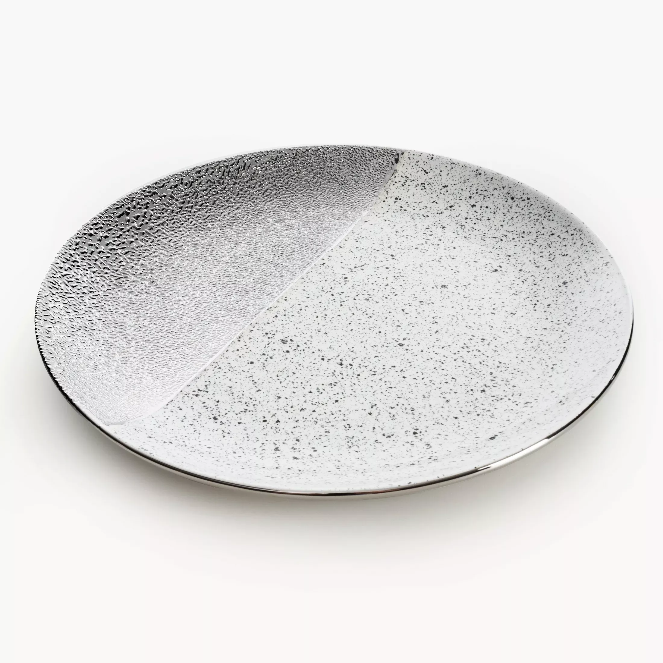 Patera ceramiczna dekoracyjna biało-srebrnazdobiona imitacją granitu średnica 31x4 cm MILO