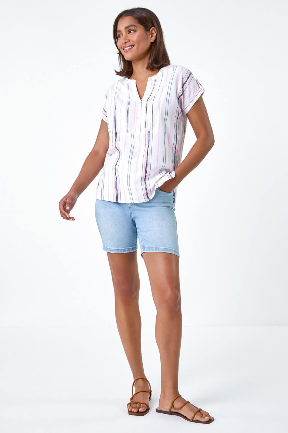 Roman Stripe Print Button Detail V-Neck Top