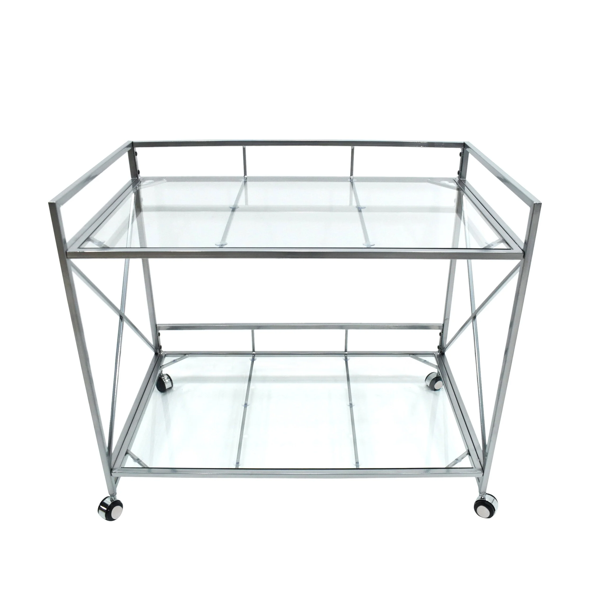 Modern Two-Tier Bar Cart with Tempered Glass, Industrial Metal Frame, Open Art Deco Sides for Entertaining and Home Decor