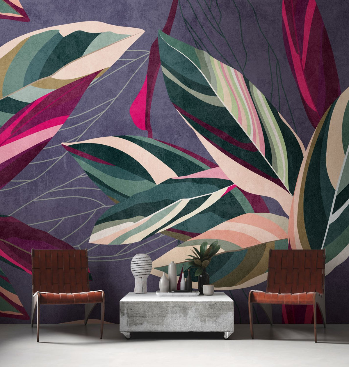 One Wall one Role fotobehang jungle-motief lila paars, groen, roze, beige en wit - 371 x 280 cm - AS-382721