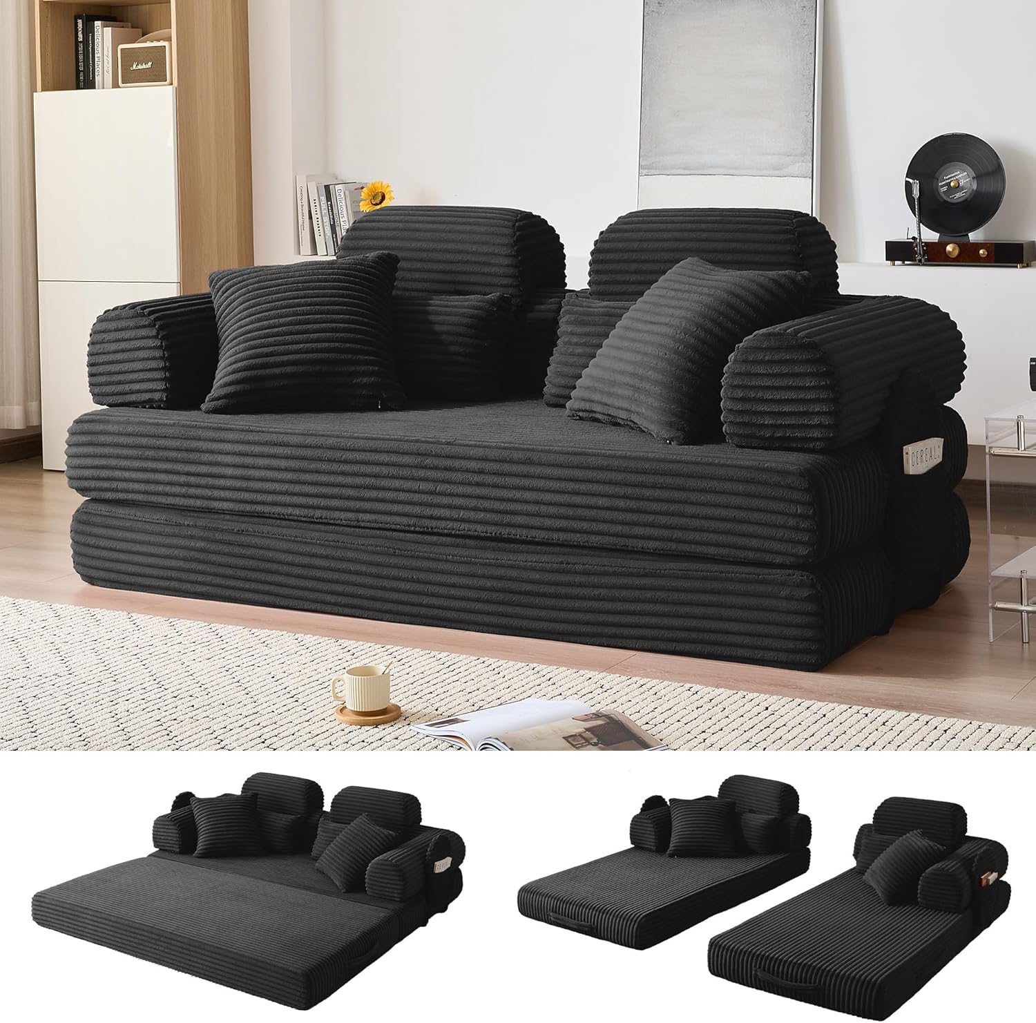 79 Boneless Couch with High Backrest Headrest, Comfy Modular Foldable Floor Sleeper Sofa, 5-in-1 Convertible Sofa Bed for Living Room, Bedroom, Lounge, Studio, Black