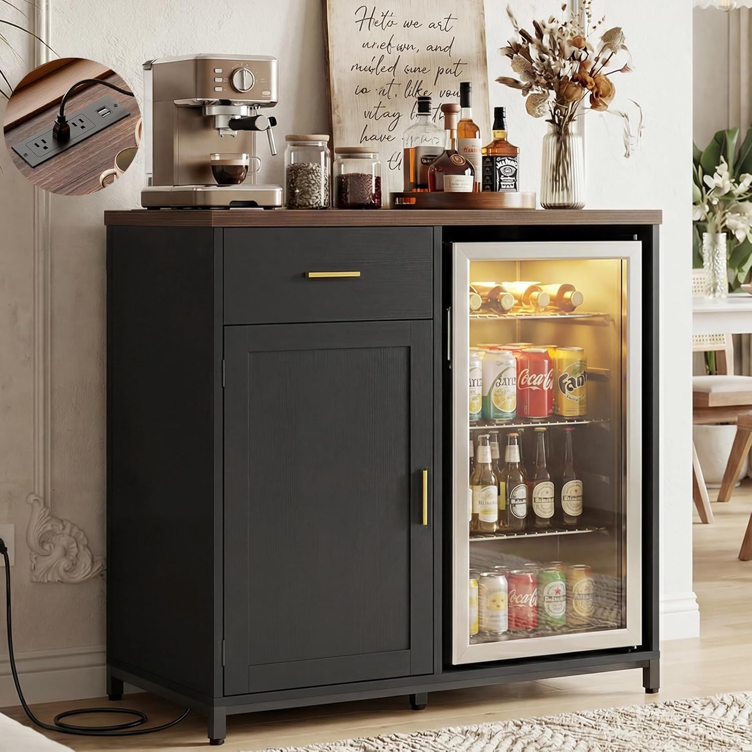 Unikito Coffee Bar Cabinet with Mini Fridge Space, Mini Fridge Cabinet Stand with Power Outlet, Liquor Wine Cabinets with Drawer Storage and Wine Glass Holder, Home Bar for Dining Room, Kitchen, Black
