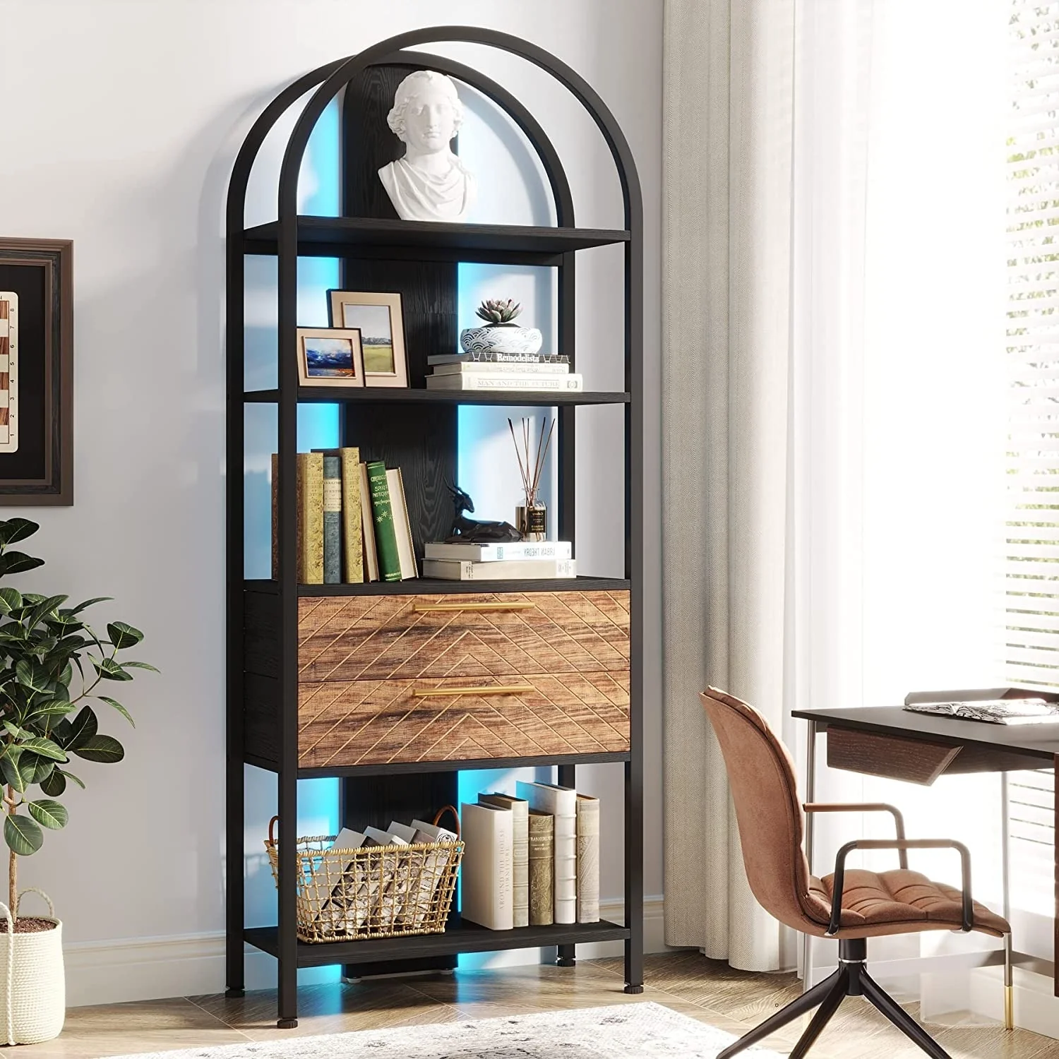 Bookshelf with LED Light and Drawers, 70.8 Tall Bookcase