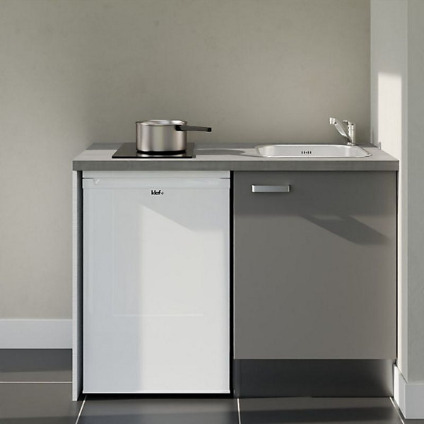 Kitchenette K08 façades Gris - Plan de travail Gris béton - Crédences : Non - Evier inox - Electroménager Blanc inclus