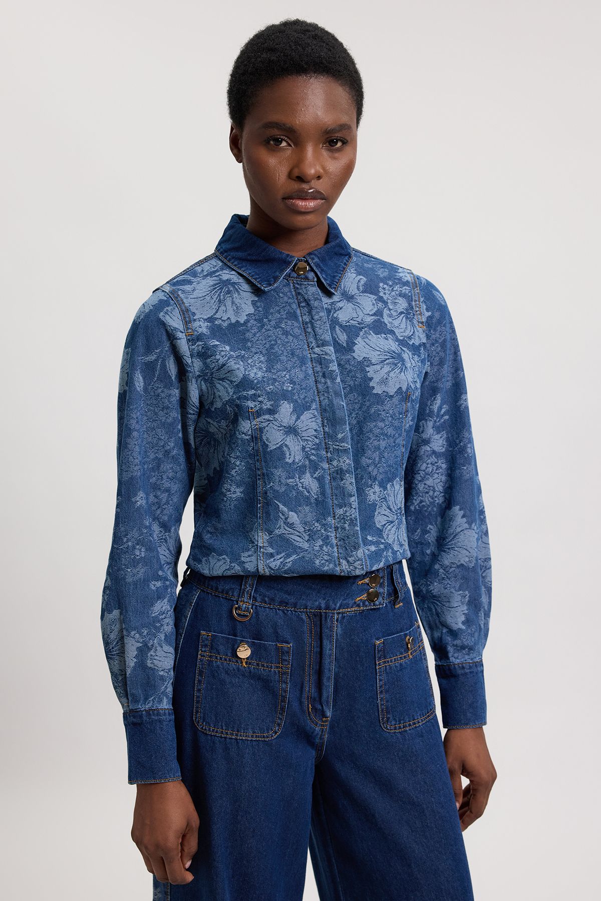 KarenMillen Petite Denim & Jacquard Contrast Wide Leg Jean