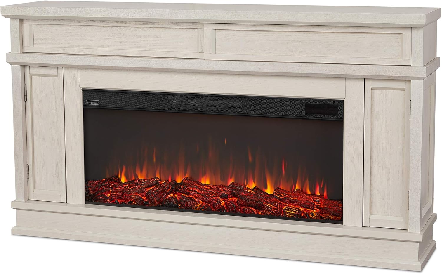 Real Flame Torrey 60” Electric Fireplace TV Stand for TVs up to 60 inches, Entertainment Center with Adjustable Shelves and Hidden Storage, TV Stand for Living Room and Bedroom, Bone White