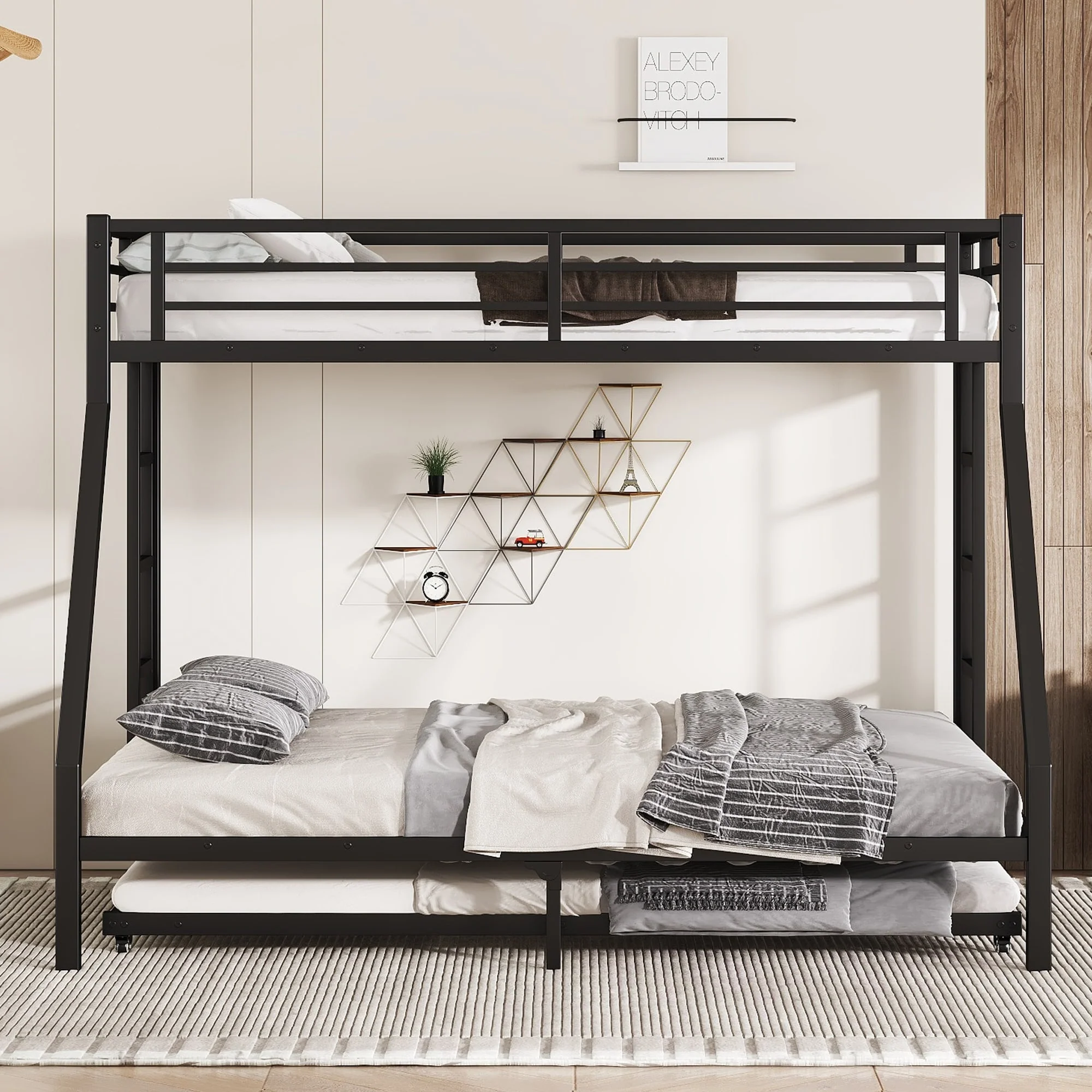 Twin XL Over Queen Metal Bunk Bed with Twin Size Trundle, Black
