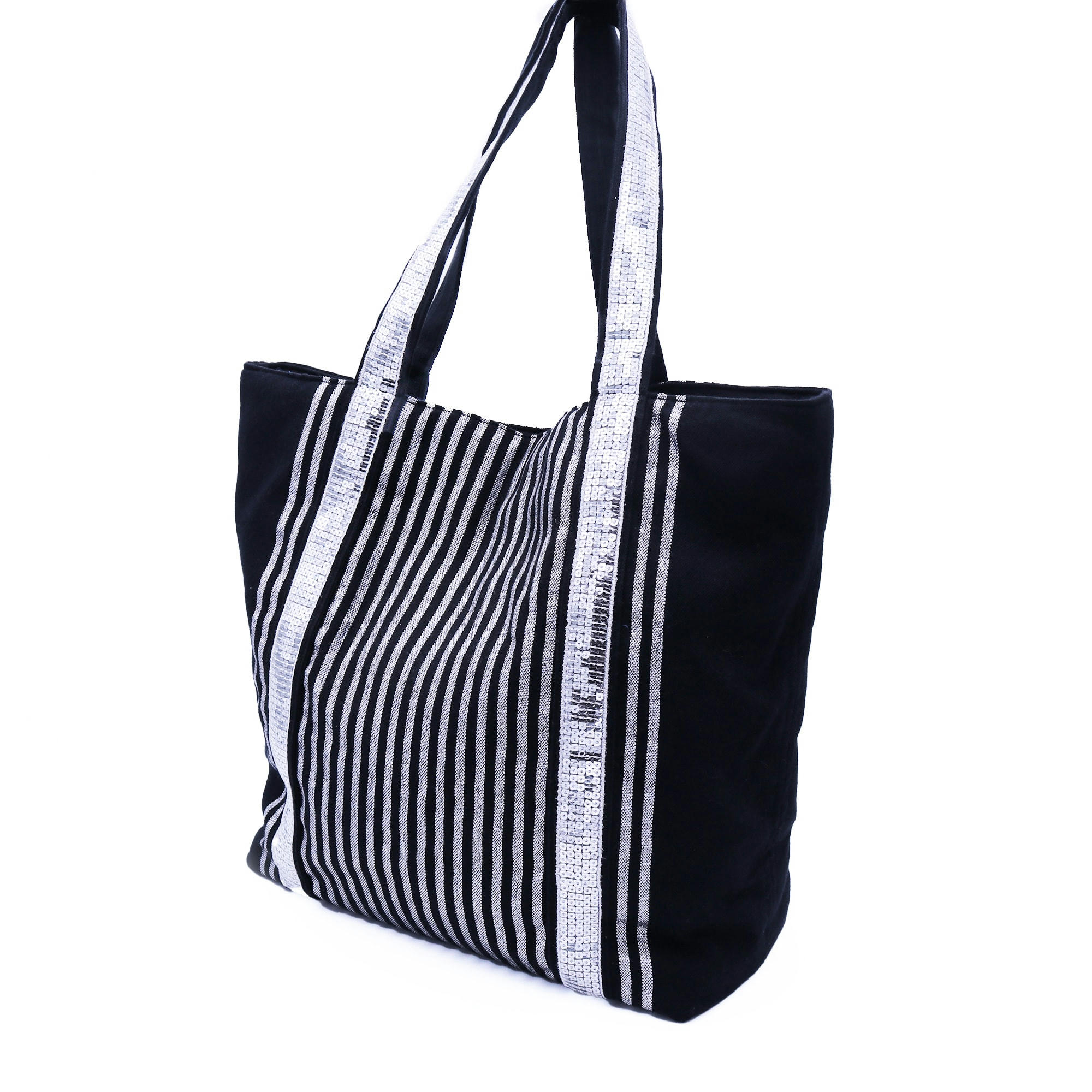 - Ensemble sac cabas et accessoires en coton fouta noir et lurex argent