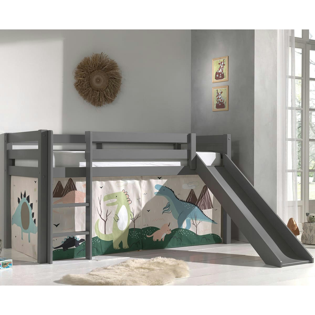 PINO - Lit mi-hauteur 90x200 toboggan sommier inclus housse dino beige