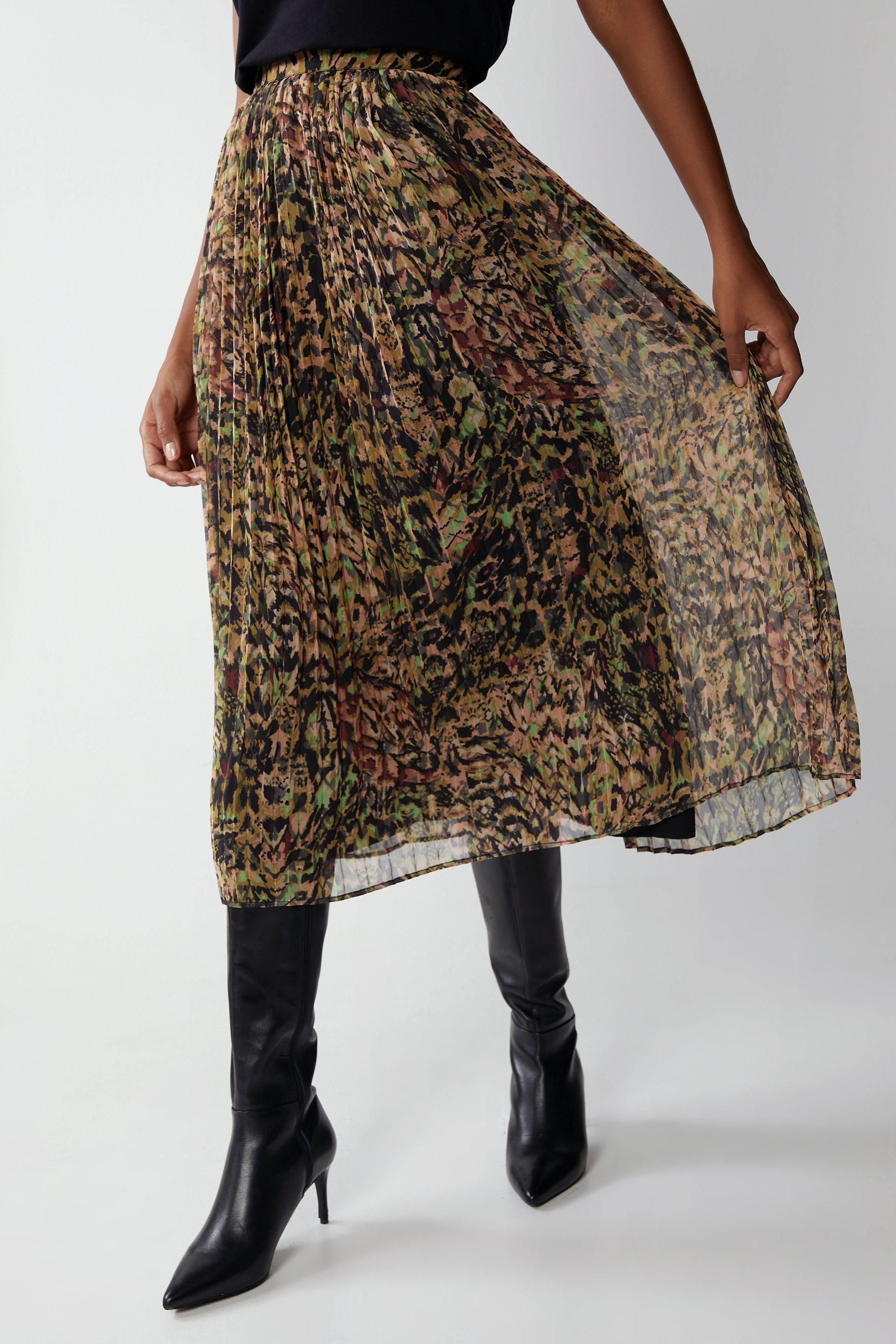 Warehouse Printed Pleated Midi Skirt
