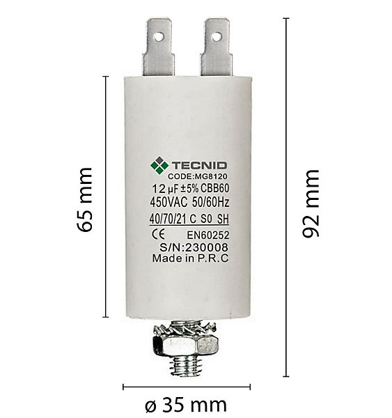 Condensateur de démarrage pour moteurs électriques, 450V, capacité : 12 microfarad, 4 broches / M8