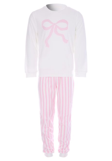 Girls Pink Bow & Stripe Fleece Pyjama Set