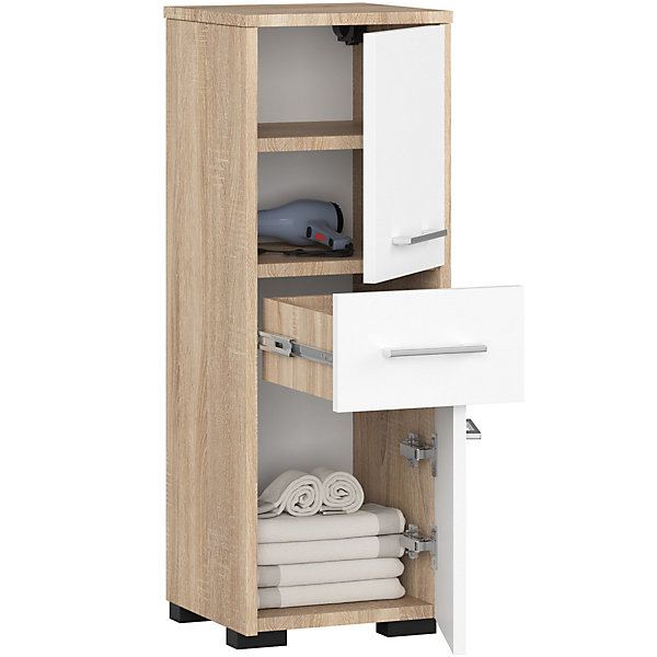 Colonne salle de bains AKORD FIN Chêne Sonoma 30 cm 2 portes 1 tiroir façade Blanche 3 étagères 30x30x85 cm