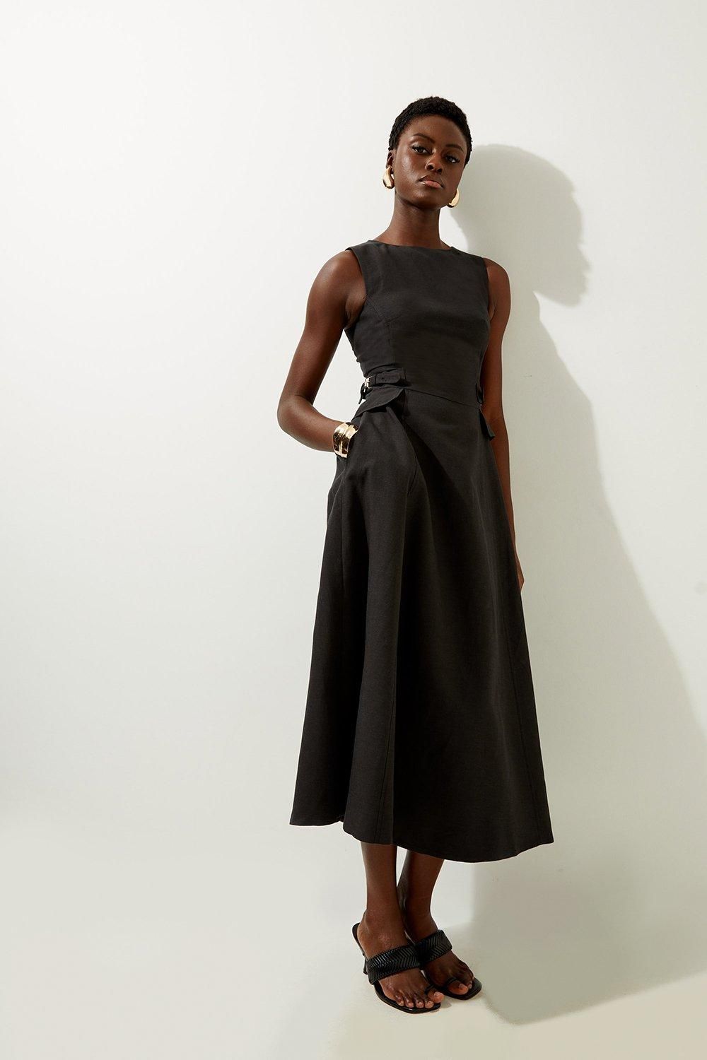 KarenMillen Premium Linen Tab Waist Detail Full Skirt Tailored Midi Dress