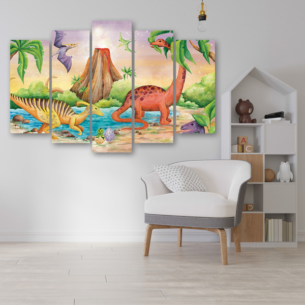 Feeby Obraz 5 częściowy na płótnie Dinozaury nad jeziorem