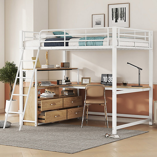 Lit Mezzanine 140x200 cm - Lit avec Rangement et Bureau en L, Lit Junior en Métal, Sans Matelas - Blanc