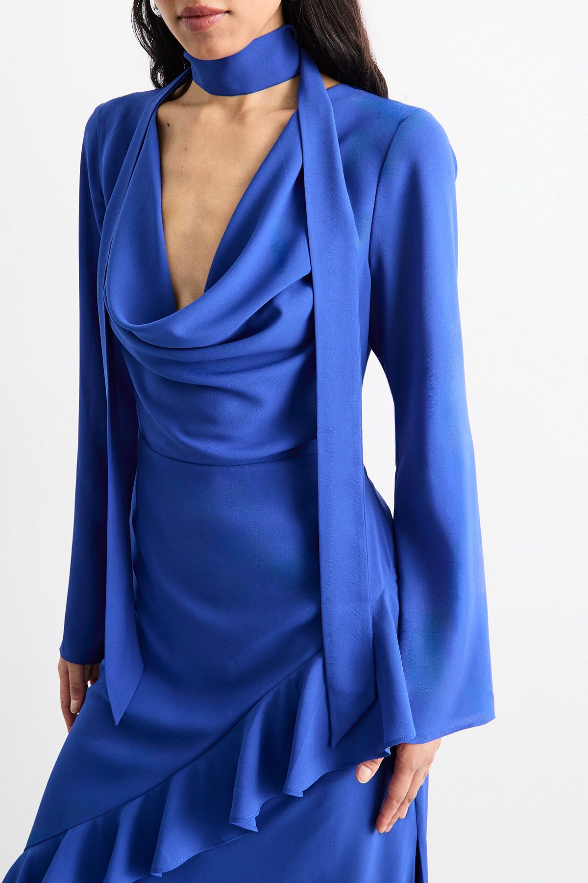 Warehouse Long Sleeve Cowl Neck Ruffle Detail Maxi Dress