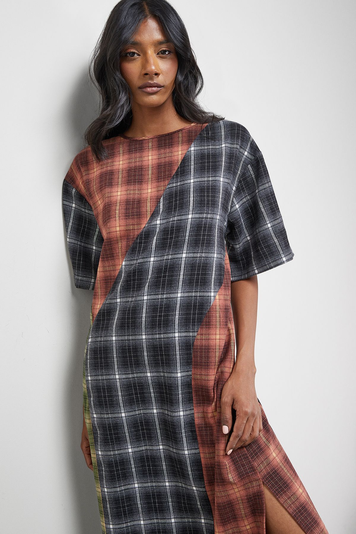 Warehouse Mixed Panelled Check Oversized Midi T-Shirt Dress