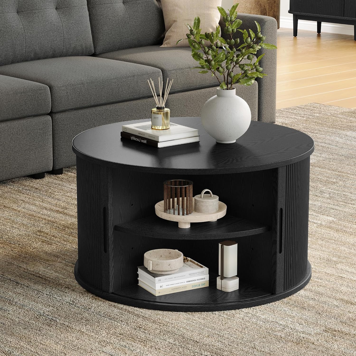 LINSY HOME Round Coffee Table, 31.5 Drum Coffee Table with Sliding Tambour Door, Fluted Accent Center Table with Storage, Mid Century Modern Coffee Table for Living Room (Black)