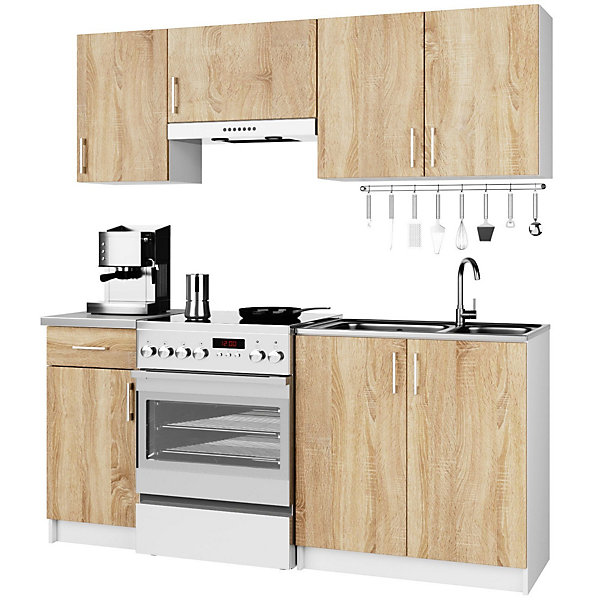 Ensemble de cuisine : blanc / Chêne Sonoma, D : l : 180 cm, h : 203 cm, p : 44,5 cm.