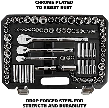 GreatNeck 82-Pc Mechanic Tool Set, SAE & Metric Socket and Ratchet Set, Mechanic Gifts, Tool Box with Tools, 1/4, 3/8, 1/2 Drive, Durable Storage Case