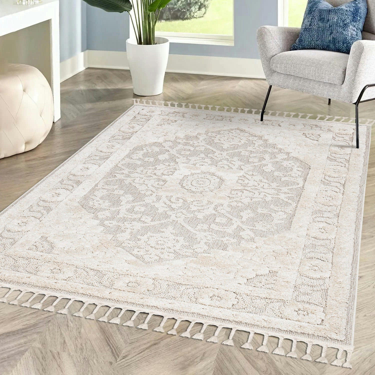 BOHOUSE - Tapis bohème chic à franges tressées crème 200x290cm