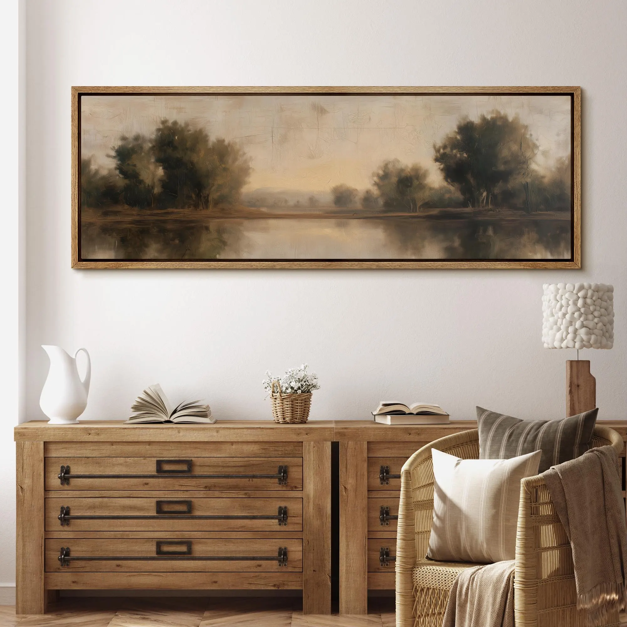 Large Framed Neutral Landscape Wall Art, Soft Brown Lake Reflection Canvas Print, Serene Misty Forest Artwork, Rustic Minimal Nature Decor