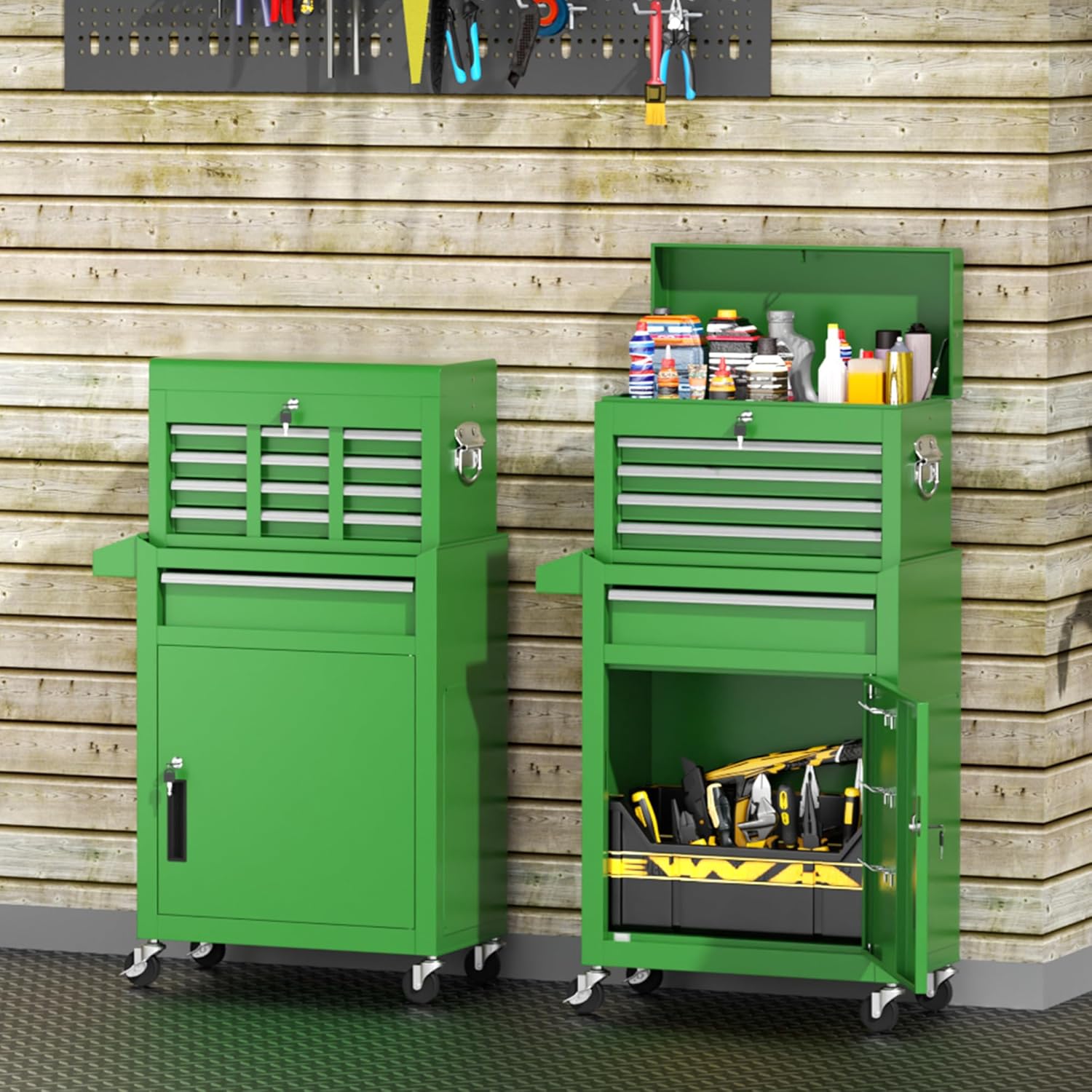 INTERGREAT Tool Chest Cabinet, 5-Drawer Rolling Tool Chest with Detachable Top Tool Box, Tool Chests with Universal Lockable Wheels, Metal Tool Cart for Garage, Workshop, Barbershop(Green)